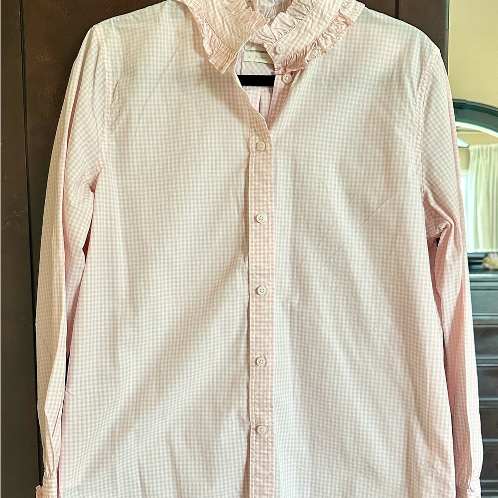 J. Crew Pink Gingham Ruffle Collar Shirt Size 12 Never Worn